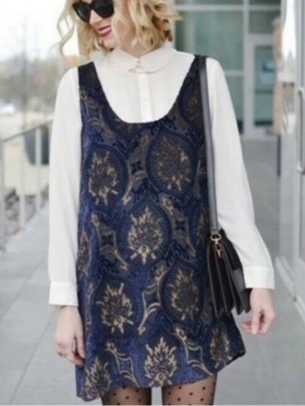 LOFT NWT Navy Blue and Gold Pattern Burnout Velvet Sleeveless Shift Dress Small